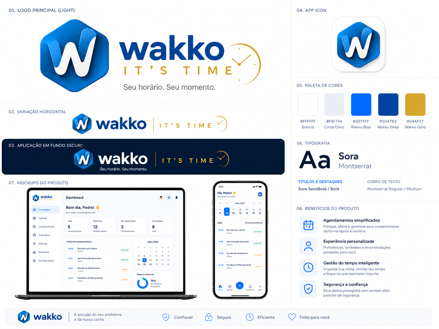 Identidade visual do Wakko It’s Time e exemplos de interface